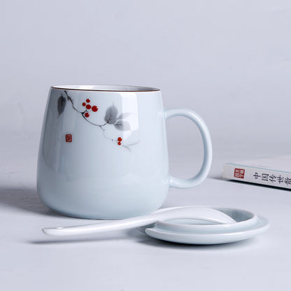 Household Ceramic Spoon Mug With Lid
